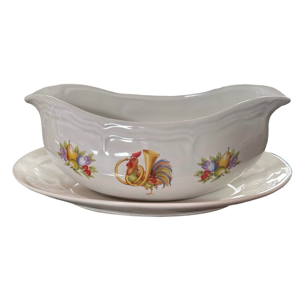 NEWCOR Vintage 1988 Stoneware Gravy Boat with Under-plate Farmhouse Scene
